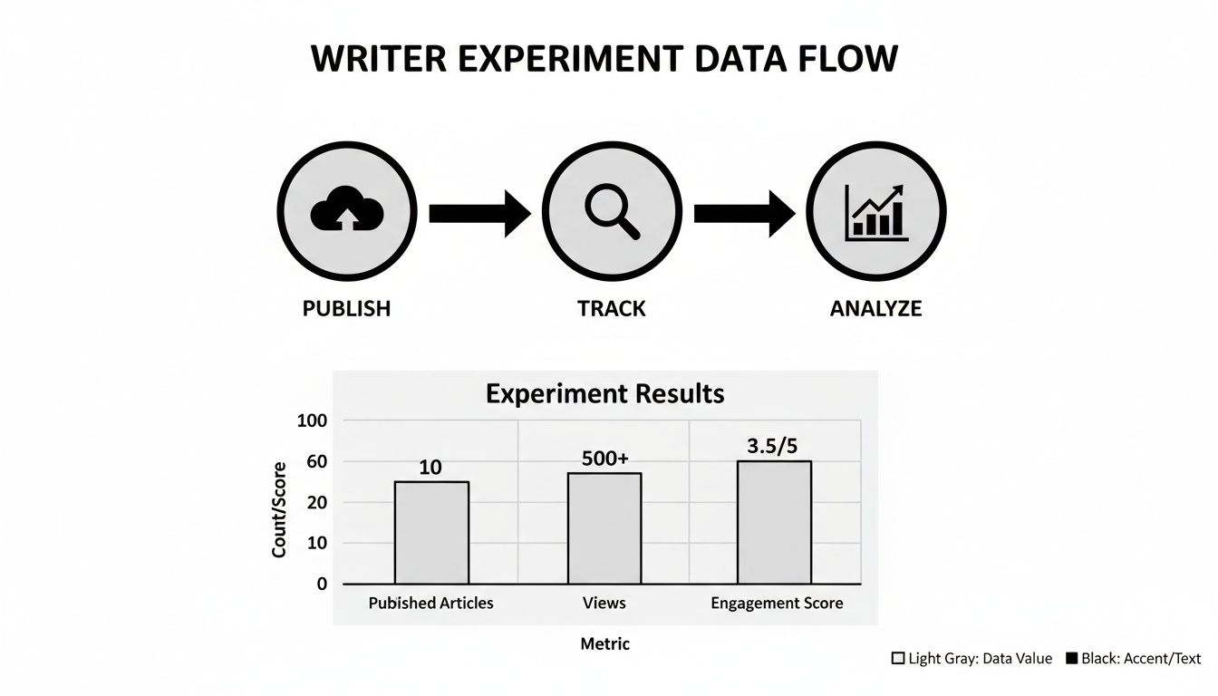 Data flow for writer experiment showing publish, track, analyze, with results of articles, views, and engagement.