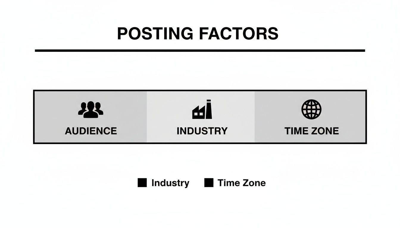 An infographic illustrating key posting factors: audience, industry, and time zone, each with a relevant icon.