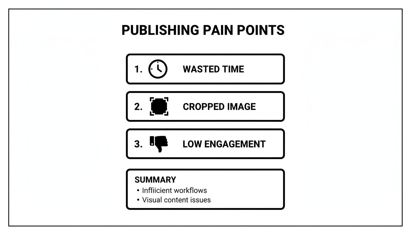 A list outlining publishing pain points: wasted time, cropped images, and low engagement, summarized by workflow and visual issues.