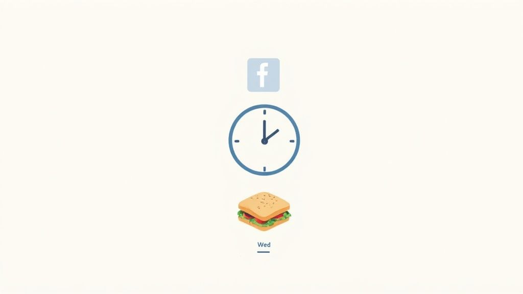 An illustration showing a Facebook logo, a clock, a sandwich, and 'Wed' for social media timing.