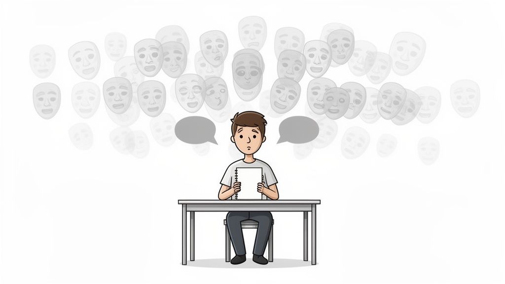 A nervous student holds a blank notebook, surrounded by floating masks representing diverse thoughts and expressions.