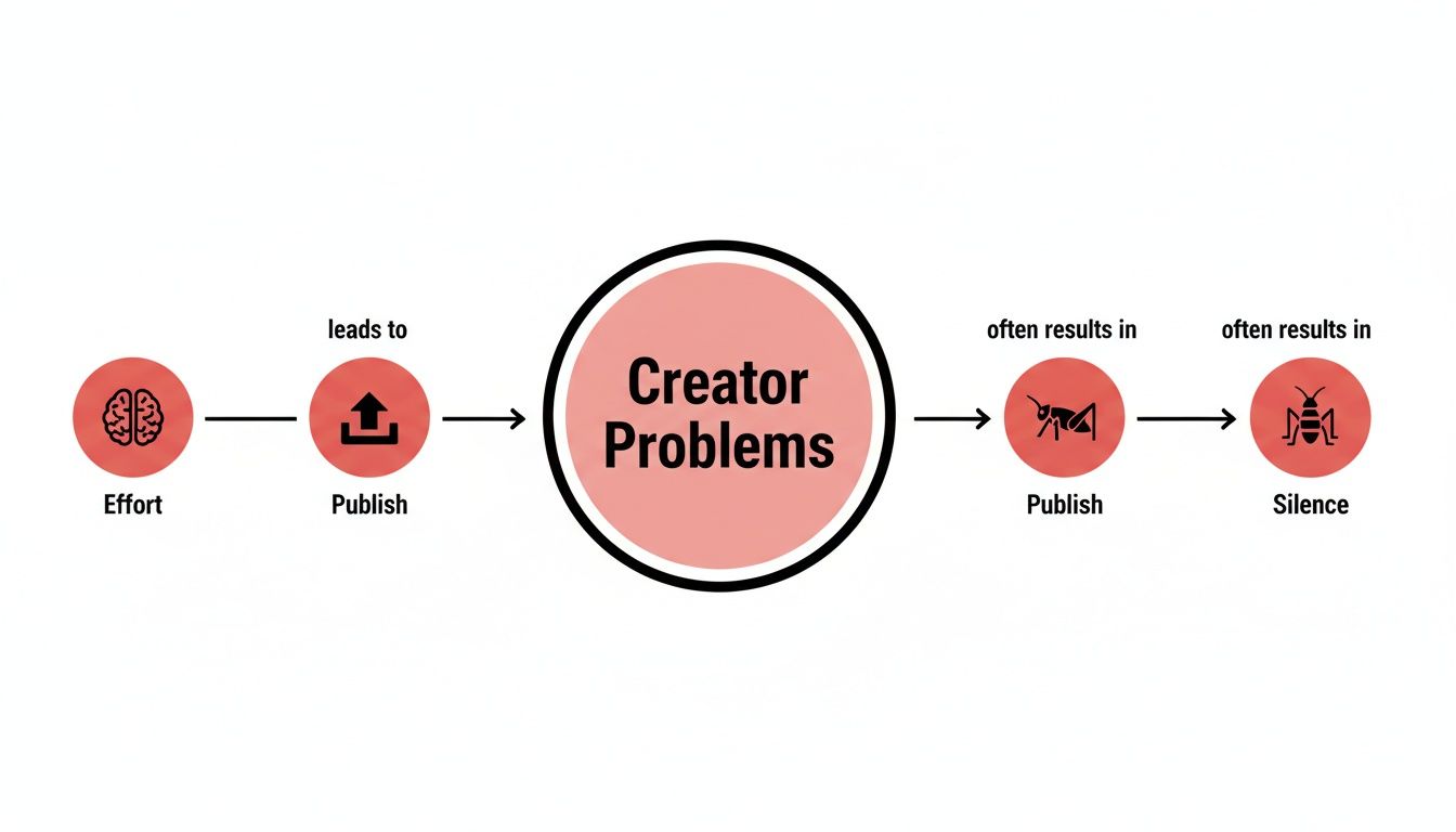Flowchart illustrating creator problems: effort leads to publish, which leads to problems, often resulting in publishing silence.