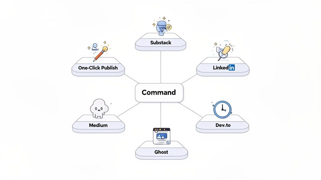 A diagram showing 'Command' as a central hub connecting to Substack, LinkedIn, Dev.to, Ghost, Medium, and One-Click Publish for content distribution.