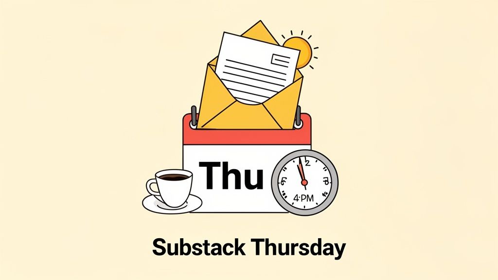 Illustration for 'Substack Thursday' with a calendar, coffee, 4 PM clock, and an open letter.