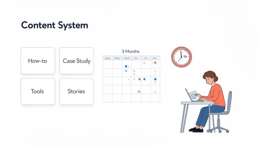 A content system illustration featuring content types, a 3-month calendar, and a person creating content.