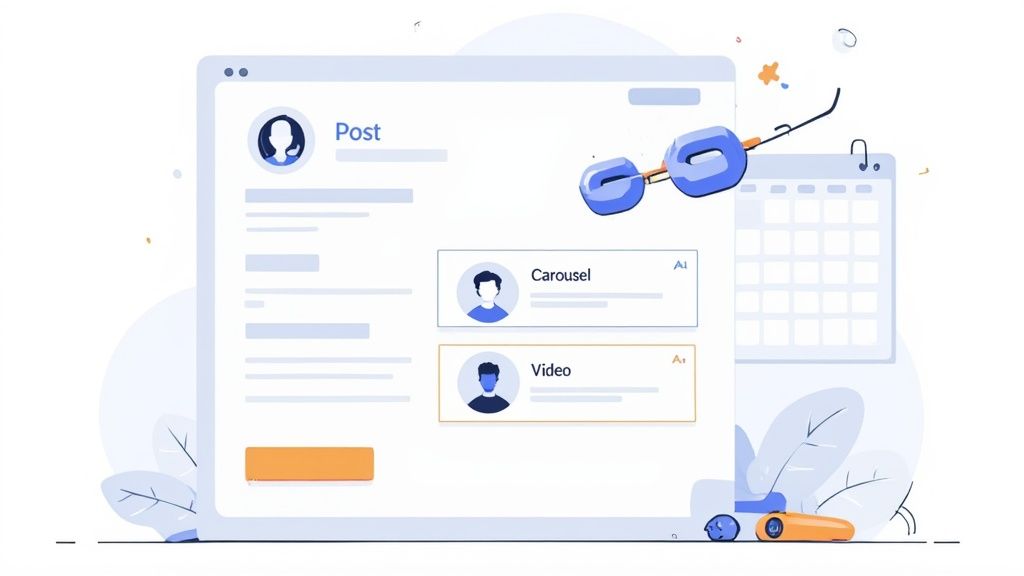 A digital interface for social media content creation featuring carousel, video posts, and AI labels.