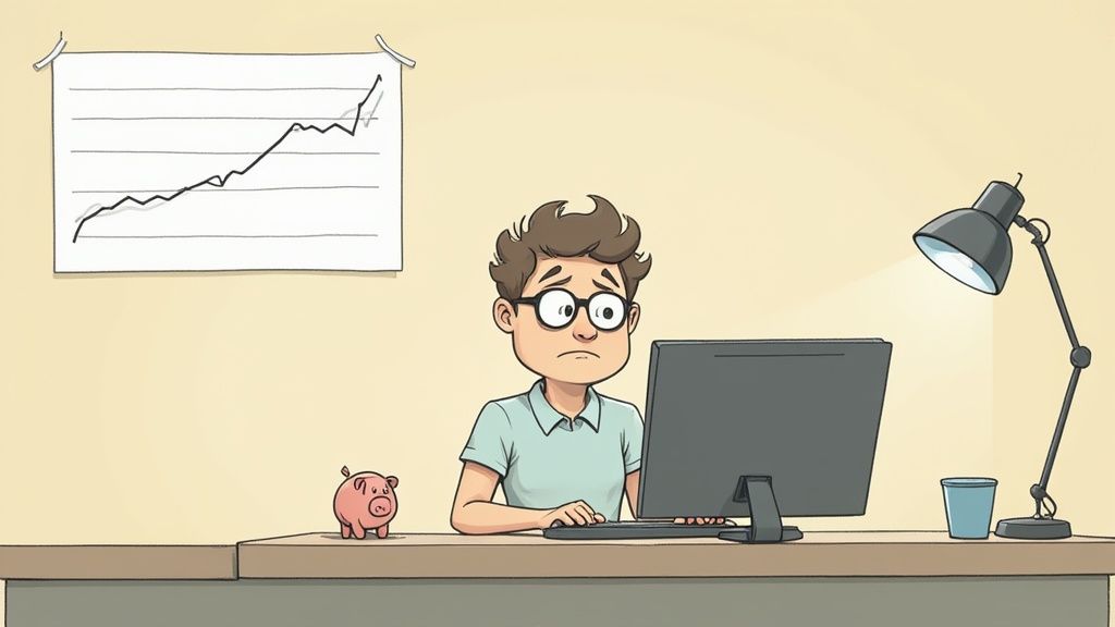 A worried man with glasses sits at a desk looking at a computer monitor, with a piggy bank and a financial chart visible.