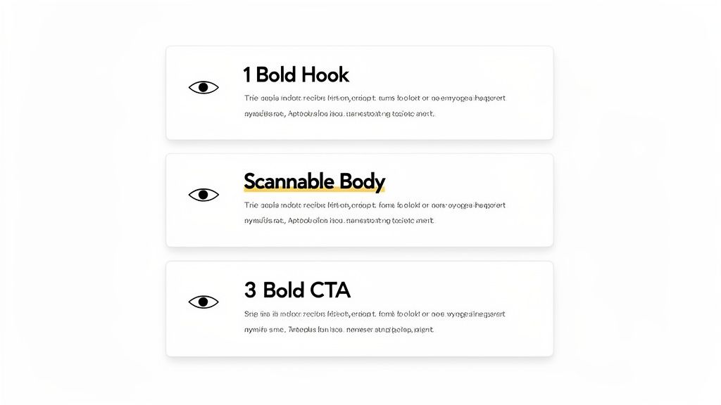 Three white cards illustrate content structure, featuring '1 Bold Hook', 'Scannable Body', and '3 Bold CTA' with eye icons.