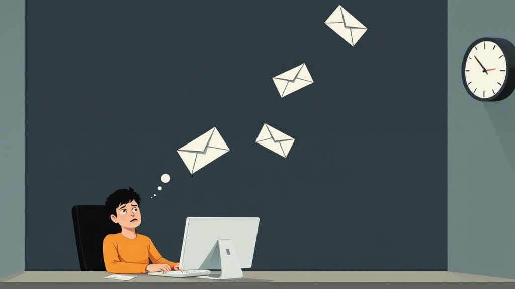 A person looking thoughtfully at a laptop screen displaying email analytics.