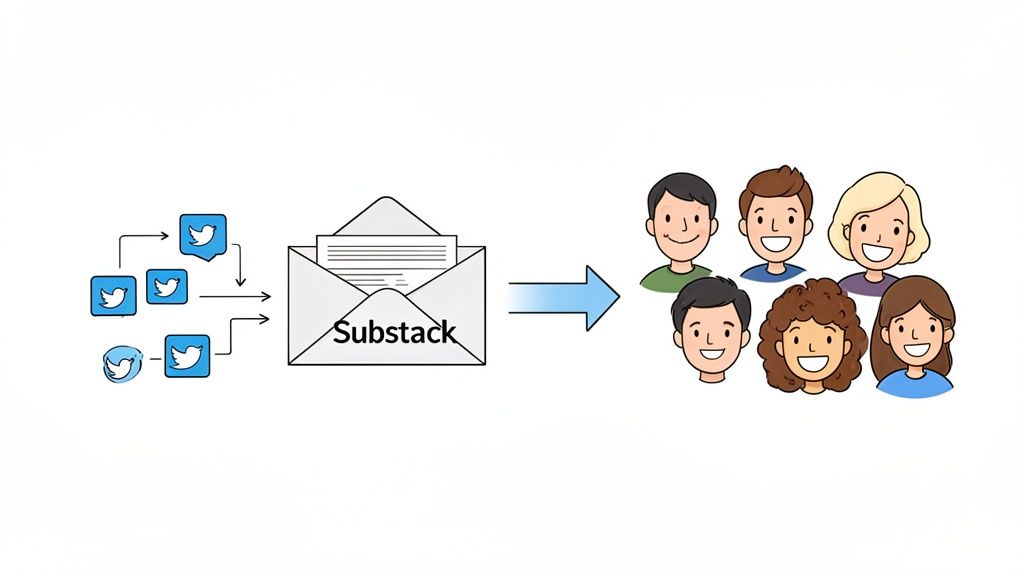 A diagram shows Twitter content flowing into a Substack newsletter, then distributed to a diverse audience.