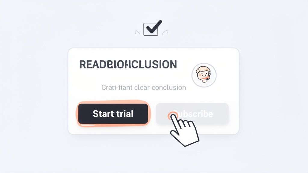 A user interface shows a card with options for 'READRIOFIHCLUSION', a 'Start trial' button, and a cursor pointing to 'Subscribe'.