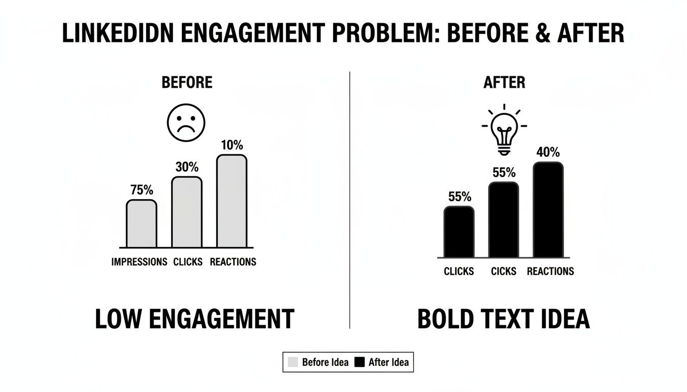 LinkedIn engagement problem before and after comparison, showing increased clicks and reactions on a bar chart.