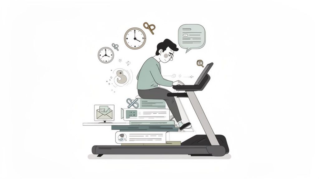 Illustration of a man on a treadmill working on a laptop, surrounded by clocks and papers, symbolizing work pressure.