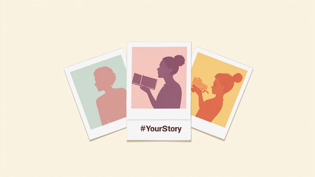 Three polaroid photos display diverse women's silhouettes engaged in reading and photography, with #YourStory.