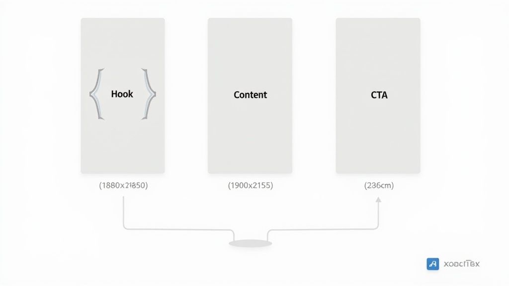 Diagram showing three content blocks for social media: Hook, Content, and CTA, with dimensions.