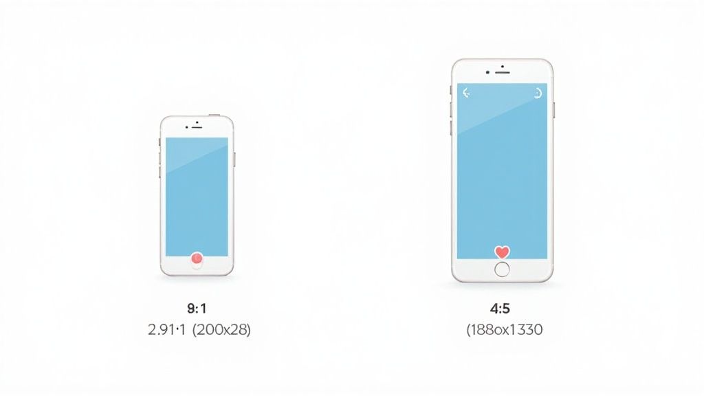 Two mobile phones showcasing different aspect ratios, a small and a large screen with app UI.