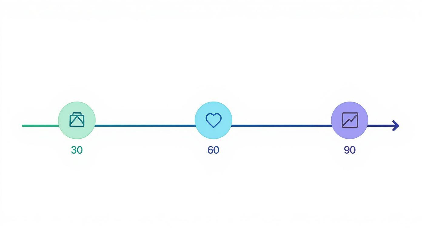 A horizontal timeline with three colorful circles, showing progress steps with icons and numbers 30, 60, 90.