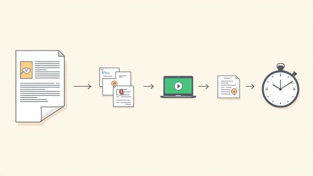 Illustrates document processing, digital transformation on a laptop, leading to an efficient output and time savings.