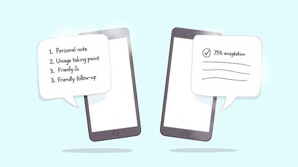 Two smartphones display notes and an acceptance rate in speech bubbles, symbolizing digital communication.