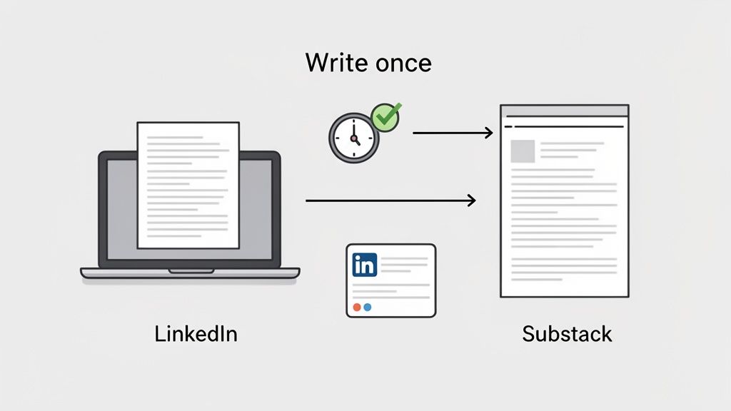 Diagram showing a content workflow: writing an article on LinkedIn and then repurposing it for Substack, labeled 'Write once'.