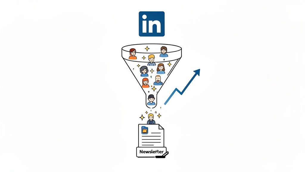 LinkedIn logo and a funnel collecting audience into a newsletter, indicating subscriber growth.