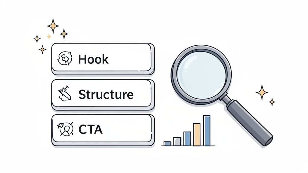 An illustration of marketing elements: Hook, Structure, CTA, with a magnifying glass and growth bar chart.