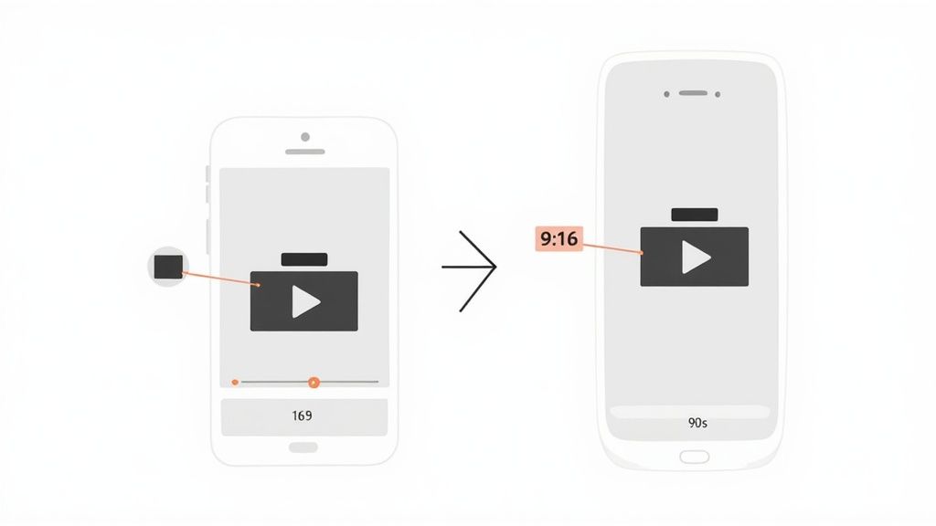 Smartphone screens show video aspect ratio change from 16:9 to 9:16 for vertical content.