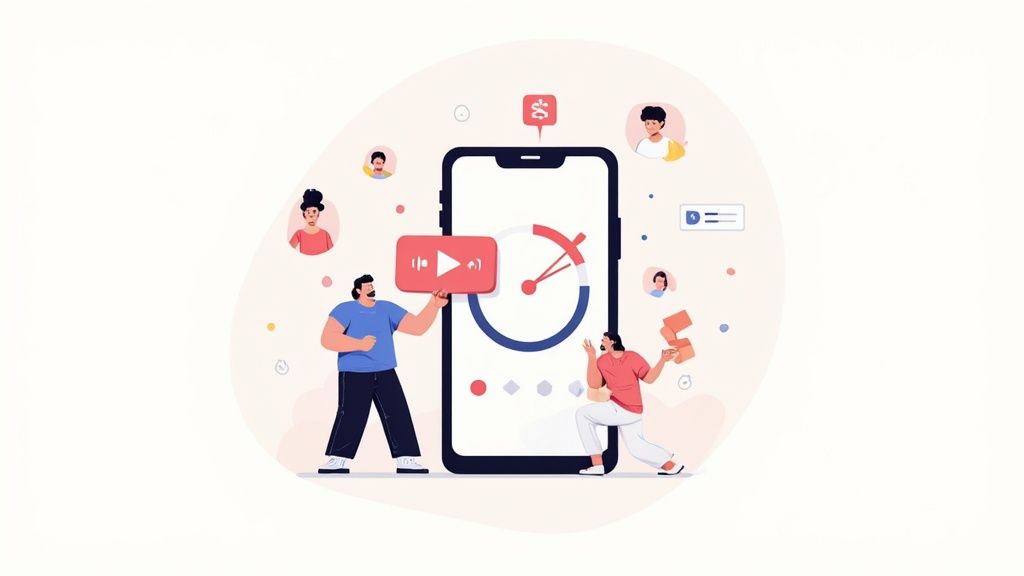 Two people manage video content and time on a large smartphone, surrounded by user avatars.