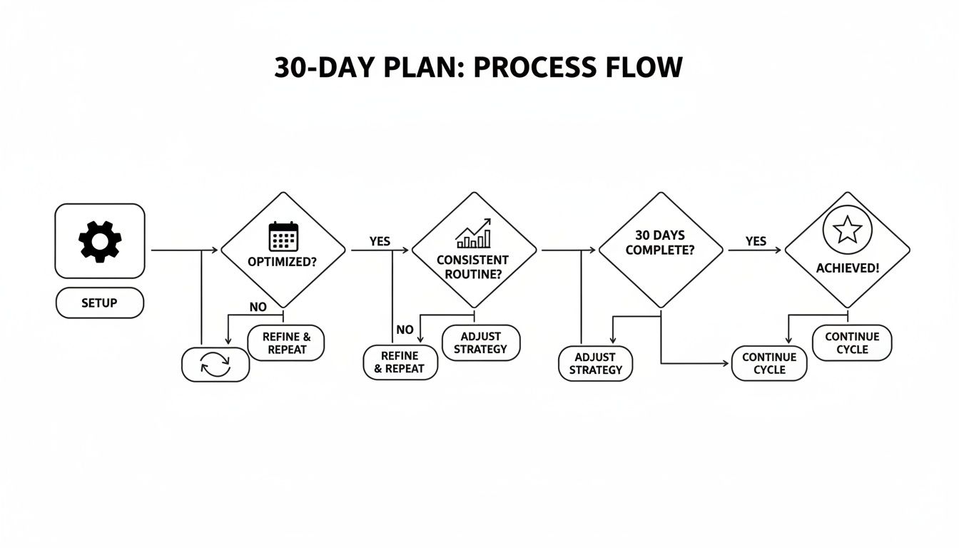 Flowchart illustrating a 30-day plan for process optimization, routine consistency, and achievement.