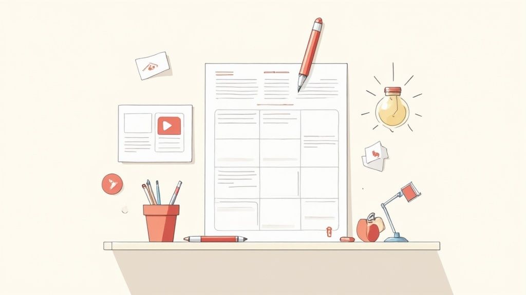 Illustration of a desk setup with a content planning storyboard, pencils, and a bright idea lightbulb.