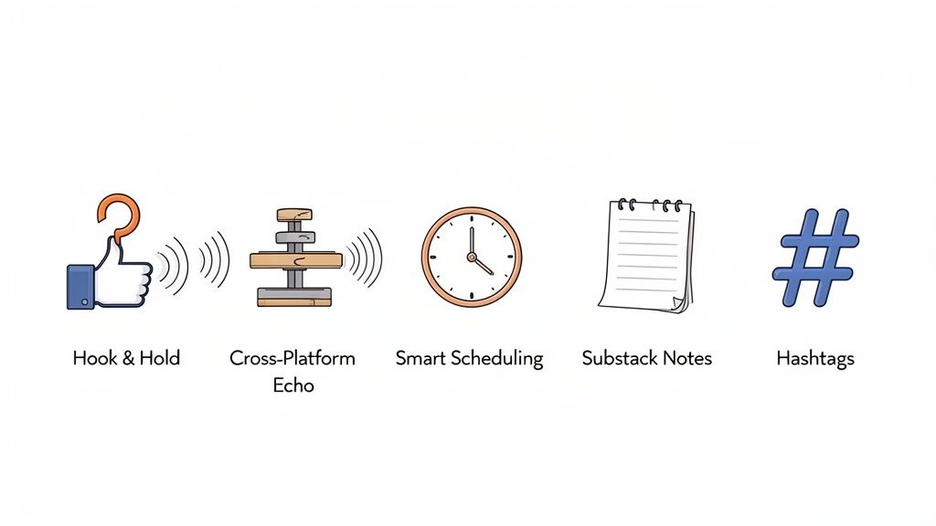 Five cartoon icons representing social media engagement strategies: Hook & Hold, Cross-Platform Echo, Smart Scheduling, Substack Notes, and Hashtags.