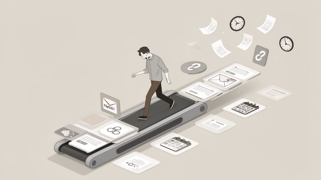A man walks on a treadmill surrounded by digital documents, emails, calendars, and clocks.