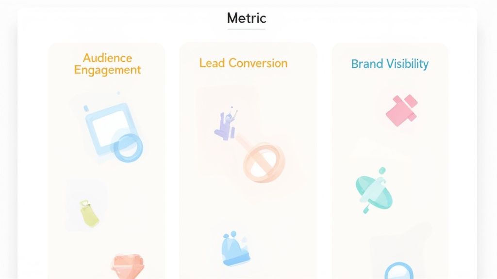 Visual representation of content performance metrics: audience engagement, lead conversion, and brand visibility categories.