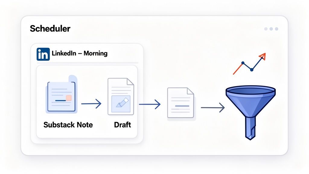 Digital workflow for content scheduling, showing a Substack note, drafting, and a funnel with an upward trend graph.