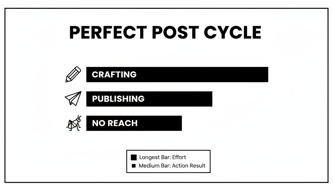 Bar chart titled 'Perfect Post Cycle' illustrating effort in crafting and publishing versus actual reach.