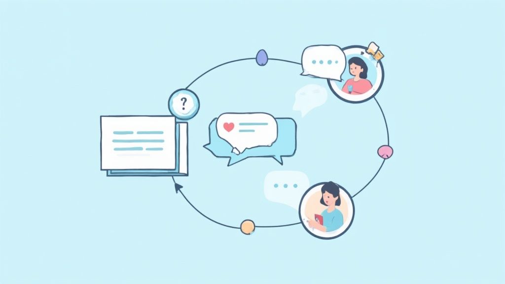 Illustration of a continuous communication loop with messages, questions, and feedback between two users.