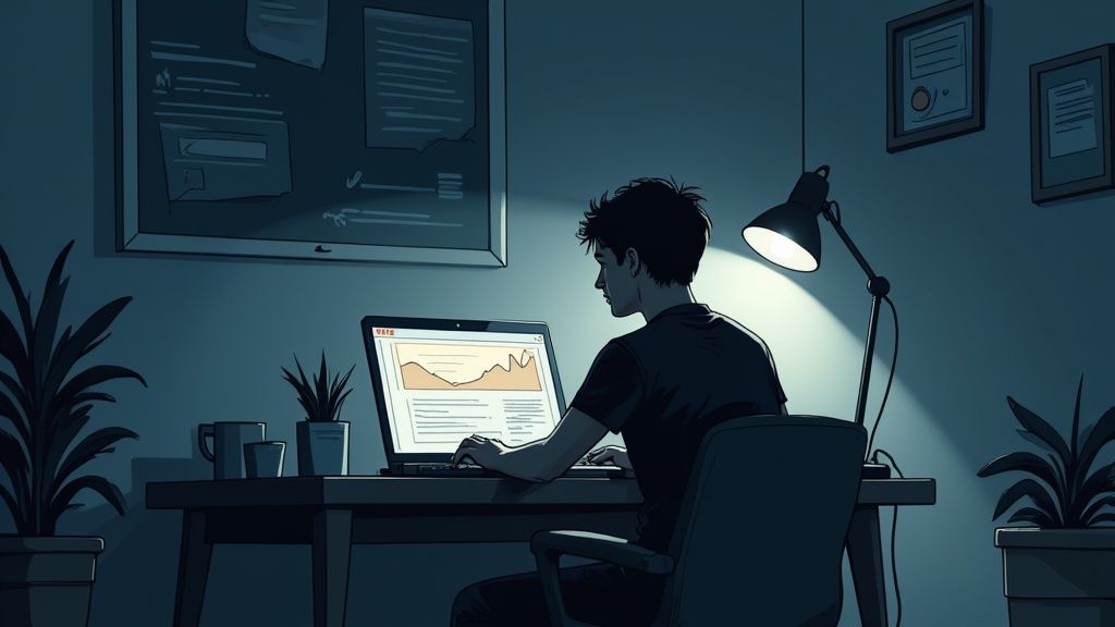 A person works intensely on a laptop at a desk in a dimly lit room.