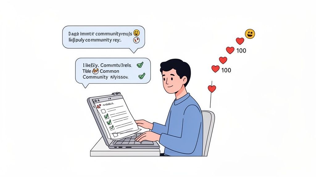 A person uses a laptop while engaging in digital communication, with chat bubbles and hearts appearing.