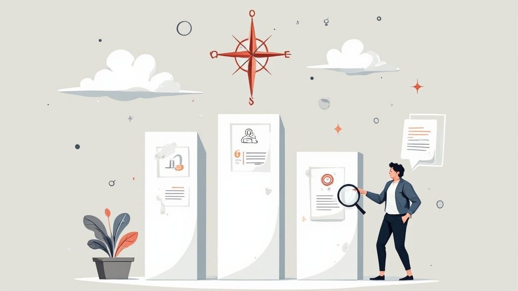 A man uses a magnifying glass to analyze documents on three tall pedestals, with a compass above.