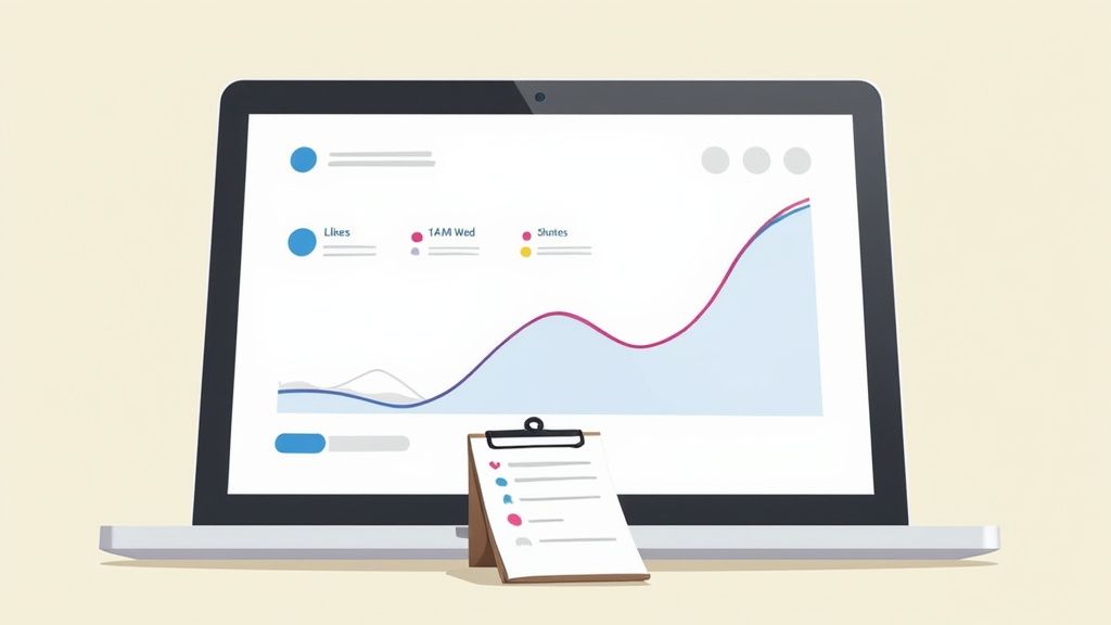 A laptop displays social media analytics graphs for likes and shares, with a checklist on a clipboard.