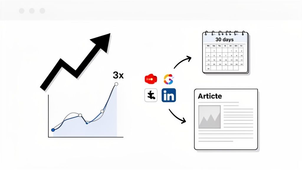Visualizing content strategy: 3x growth from articles published on Google, LinkedIn, and other platforms in 30 days.