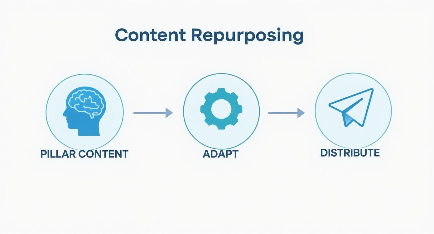 A three-step infographic for content repurposing: pillar content, adapt, and distribute.