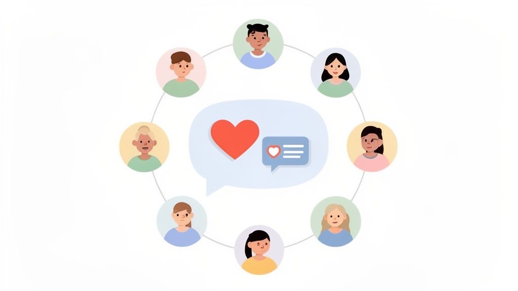 A diverse group of cartoon people forming a circle around heart and message bubbles, symbolizing social connection and positive interaction.