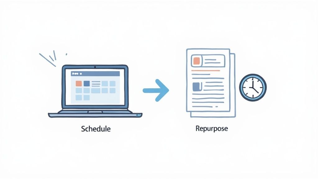 A cartoon illustration showing a laptop for scheduling tasks and content, leading to documents and a clock for repurposing.