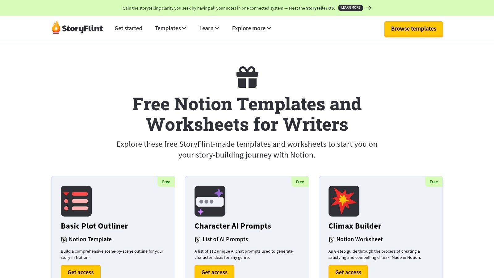 StoryFlint Notion templates showing outlines and character worksheets.