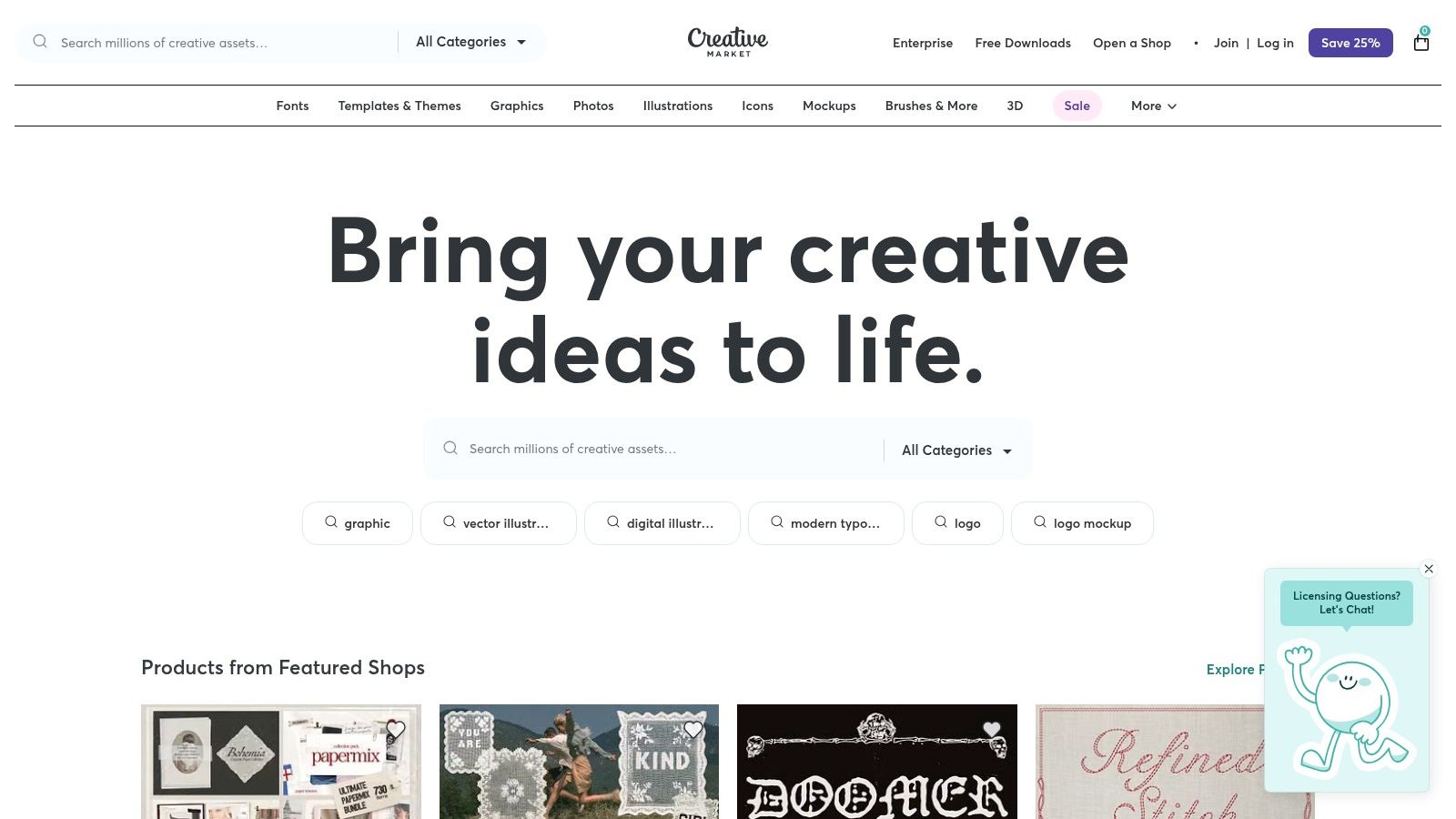 A screenshot of the Creative Market website showcasing various designer-made templates.