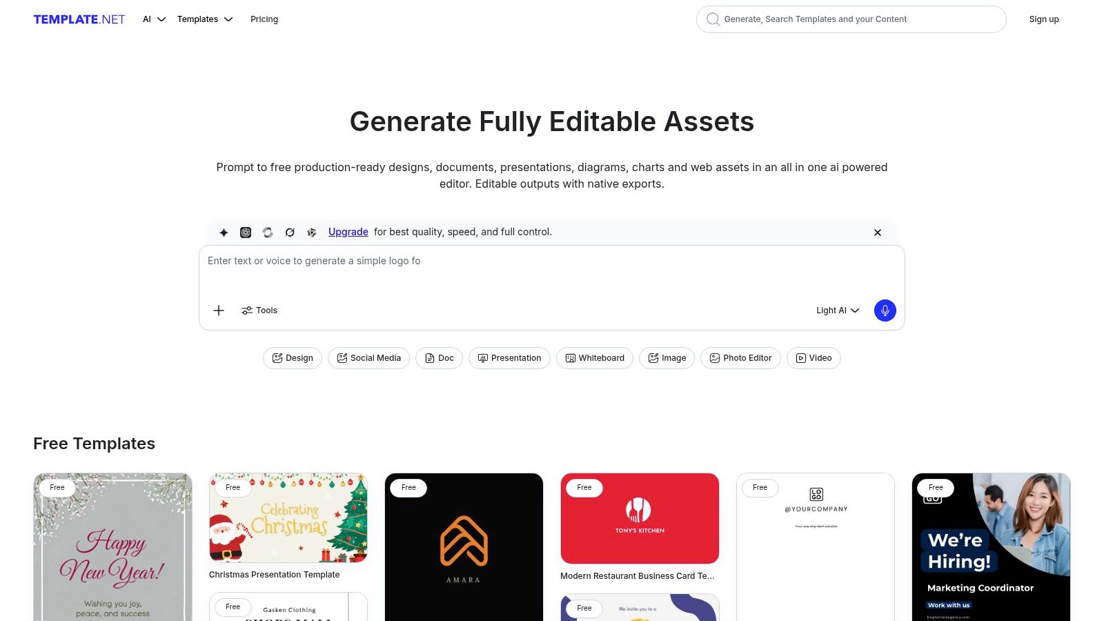 A screenshot of Template.net's interface showing AI-powered template generation tools.