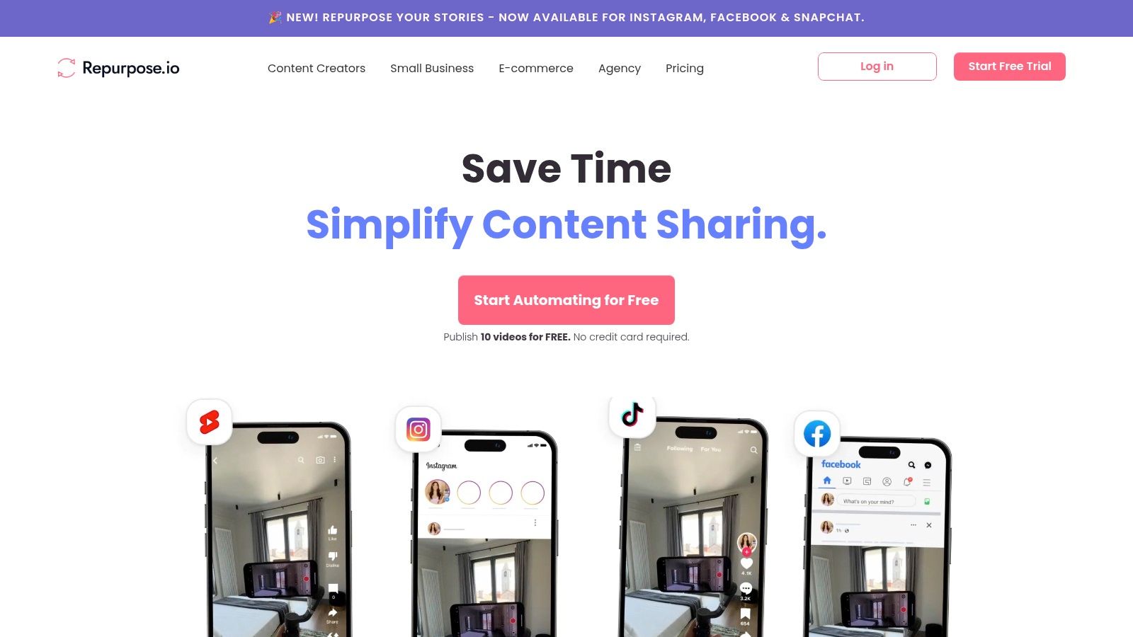 An interface showing how content can be repurposed and shared across different social media platforms like TikTok, YouTube, and Facebook.