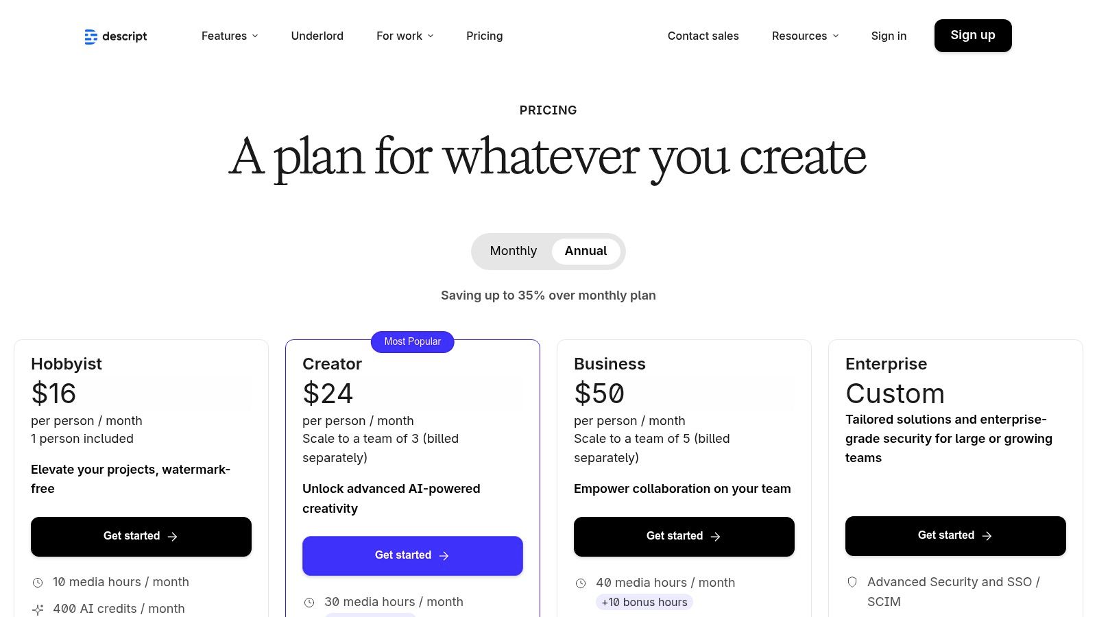 Descript's pricing page showing different plans for its all-in-one video and audio editor.
