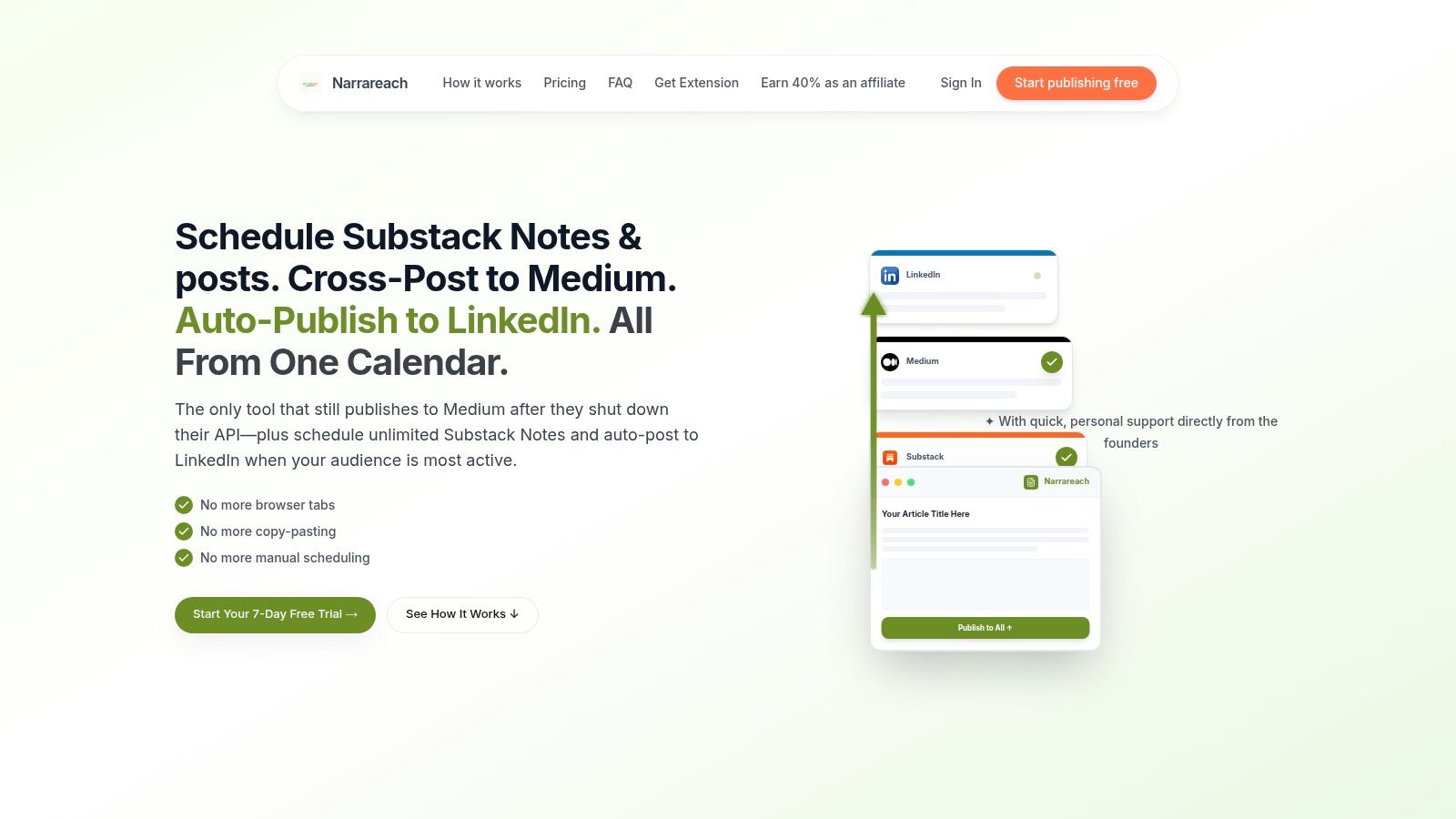 Narrareach publishing platform interface showing cross-posting capabilities